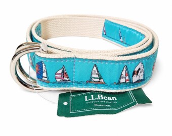 The Belted Cow Sail Boat Ship Blue Canvas Belt Men Size L Nautical L.L. BEAN