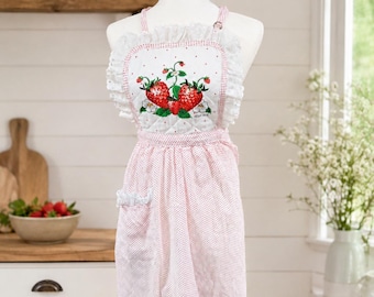 Vintage Strawberry Ruffle Apron Adult 1985 Pocket 36"