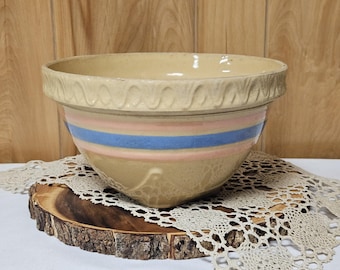 Antique McCoy Pink & Blue Band Stripe 9.75" Yellow Ware Bowl