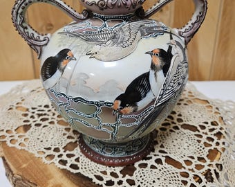 Vintage Nippon Art Nouveau Double Handled Bird Vase Moriage