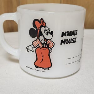 Pu&ograve; includere: Tazza in ceramica bianca con un'illustrazione a cartoni animati di Minnie Mouse con abito e fiocco rossi. Le parole "Minnie Mouse" sono stampate in nero. La tazza ha un manico curvo, probabilmente vintage.