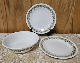 Vintage Crazy Daisy Corelle 3 Piece Set: 2 Bread Plates & 1 Bowl Retro Green White Floral Flowers Kitchen Dining
