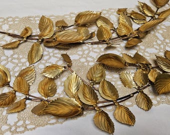 MCM Metal Wall Art Gold Tone Brass Branch Leaves Hanging Swags 2 PC SET 17" Each
