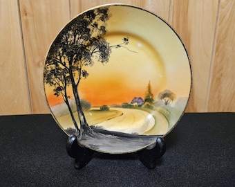 Plato vintage de porcelana japonesa "Árbol en el prado", 16,5 cm, pintado a mano