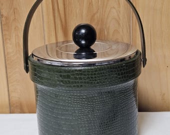 Atapco Ice Bucket 1960s Embossed Green Faux Alligator W/ Stainless Lid Wood Knob