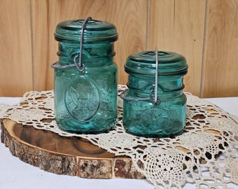 Ball Ideal Bicentennial Blue Mason Wireside Jars Set Of 2 With Seals