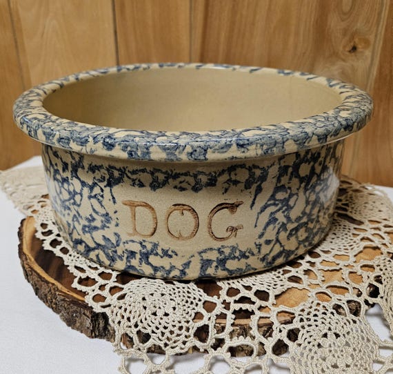 Vintage Robinson Ransbottom "DOG" Bowl Large USA Feeder 9" Pottery  Spongeware *Read Description*