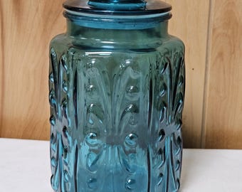 Vintage Canister LE Smith Imperial Atterbury Scroll Teal Blue Glass 9" *READ DSC