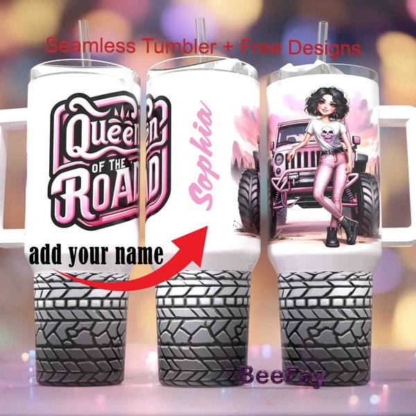 Girl Offroad Driving Pink Car Tumbler 40 oz Quencher Wrap, Tumbler Seamless Sublimation Designs Downloads PNG, Printable