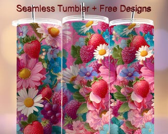 Strawberry blossom flowers 20 oz Tumbler Wrap Seamless PNG Design Sublimation Designs Downloads Floral Vintage PNG Summer Flower