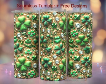 3D St Patricks Day, Rhinestone Jewelry Lucky Clover, Gold Glitter St Patty Day 20 oz Tumbler Wrap Seamless PNG Sublimation Designs Downloads