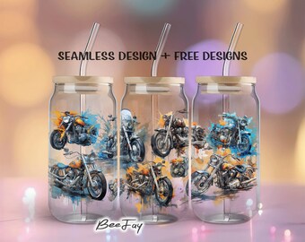 Motorcycle SEAMLESS - 16 oz Libbey Beer Glass Can Tumbler Sublimation Biker gift Design Digital Download PNG old school motorcycle art