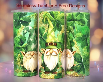 St Patricks Day, Green Gnome, Lucky Clover, Gold Glitter 20 oz Tumbler Wrap Seamless PNG Sublimation Designs Downloads