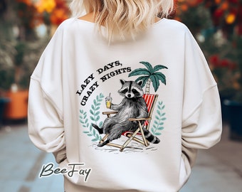 Retro Raccoon PNG Lazy Days Crazy Nights Summer Shirt Design PNG Summer Vibes Raccoon Drink Sarcastic PNG