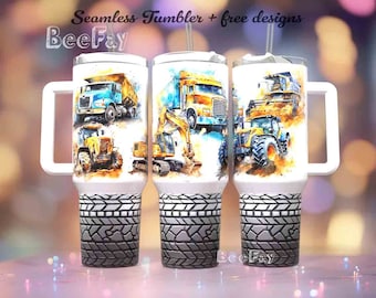 Véhicules, camion à benne basculante, tracteur, excavatrice, vulldozer 40 oz d'emballage pour gobelet quencher - Design de gobelet PNG sans couture, téléchargements de designs par sublimation