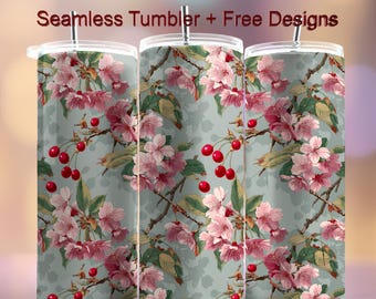 Cherry blossom branches 20 oz Tumbler Wrap Seamless PNG Design Sublimation Designs Downloads Floral Vintage PNG Spring flower