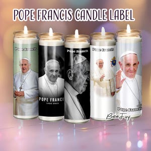 Etiquetas para velas de lembrança de cilindro alto Papa Francisco, adesivos imprimíveis para velas de oração