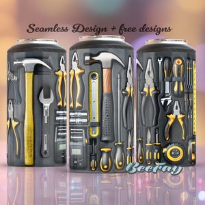 May include: Three black and yellow tool-themed insulated can coolers. The coolers are covered in a pattern of various tools, including a hammer, pliers, screwdrivers, and a tape measure. The text "Seamless Design + free designs" is at the top of the image.