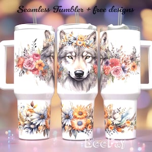 Boho Wolf 40oz Quencher Tumbler Wrap - Seamless PNG Tumbler Design Sublimation Designs Downloads - PNG Floral Tumbler