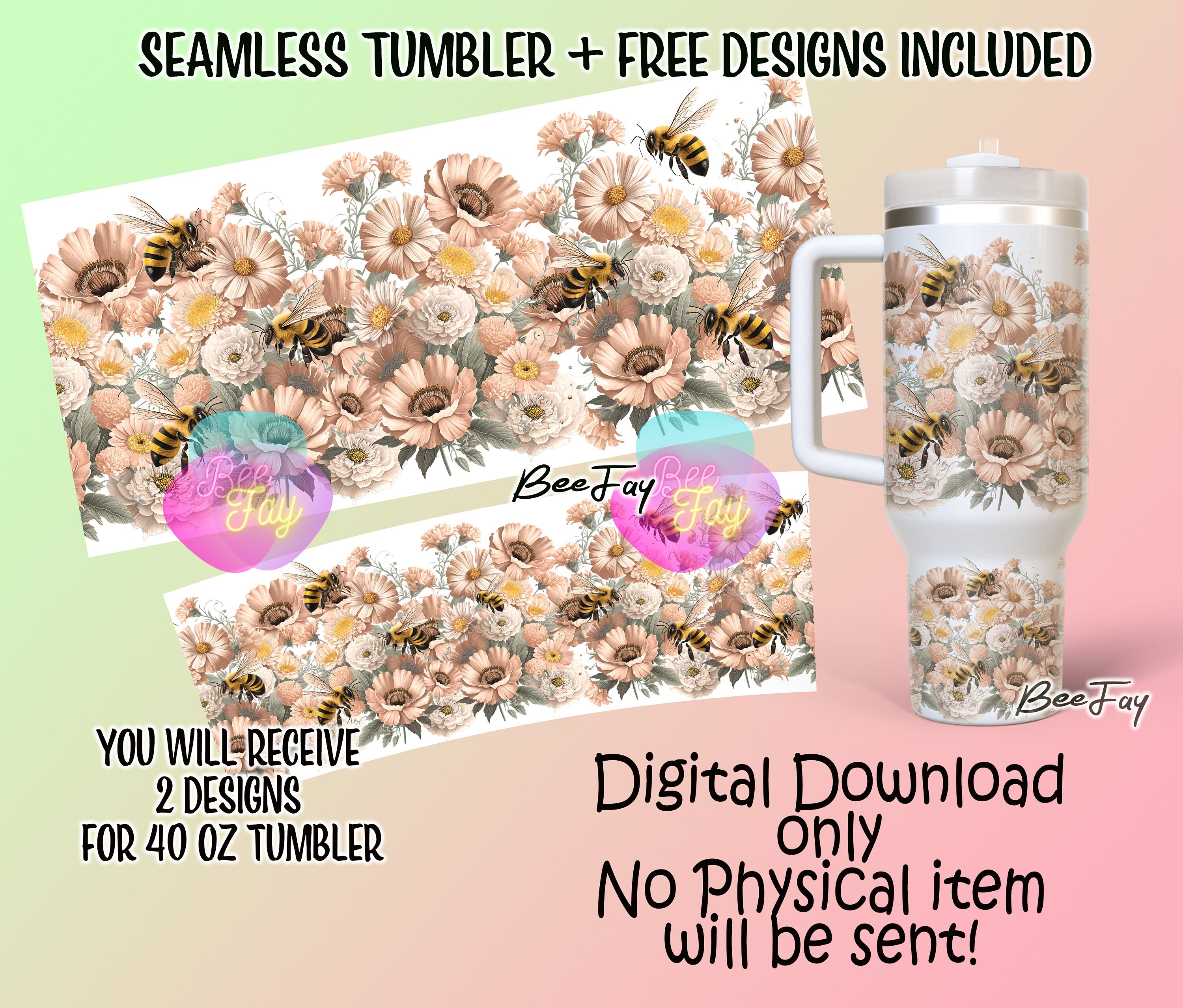 Boho Bees and Flower 40oz Quencher Tumbler Floral Bumblebee Wrap ...