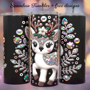May include: A black stainless steel tumbler with a white and silver reindeer design. The reindeer has a red nose and a green holly wreath around its antlers. The tumbler has a clear lid and a straw.