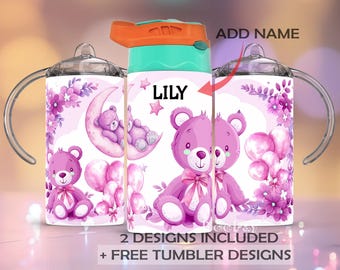 12 oz straight sublimation Sippy Cup and Flip Top wrap Pink Teddy Bear Design Sublimation Pink Coquette Bow PNG Tumbler Template Nursery