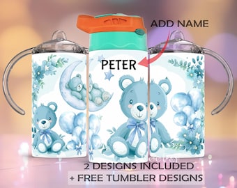 12 oz straight sublimation Sippy Cup and Flip Top wrap Blue Teddy Bear Design Sublimation Blue Coquette Bow PNG Tumbler Template Nursery