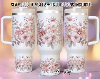 Boho Flower 40oz Quencher Tumbler Floral Wrap Seamless PNG Tumbler Design Sublimation  Designs Downloads PNG Summer Boho Floral Tumbler