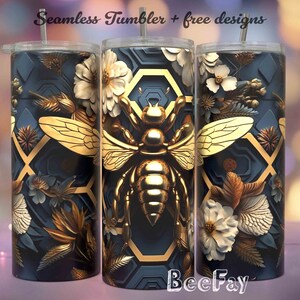 Gold Bee Floral Design for 20oz Tumbler Wrap / PNG Tumbler Sublimation Designs Downloads - PNG / Seamless Design / Skinny Tumbler Wrap