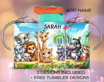 Tazza Sippy da 12 once e tumbler flip top per bambini Wrap, Safari Animals Sublimation PNG, Elefante, Giraffa, Download istantaneo, Modello tumbler