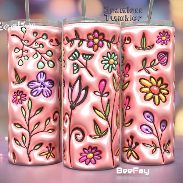3D Puffy Flowers, Puff 20oz Tumbler Wrap/ PNG Tumbler Sublimation Designs Downloads - PNG/ Seamless Design