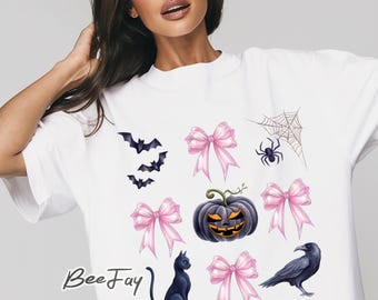 コケット ハロウィン パンプキン PNG 黒猫 クモ コウモリ PNG ピンクのリボン付き かわいい ハロウィン 子供向け プレッピー スプーキー PNG トレンディな昇華デザイン