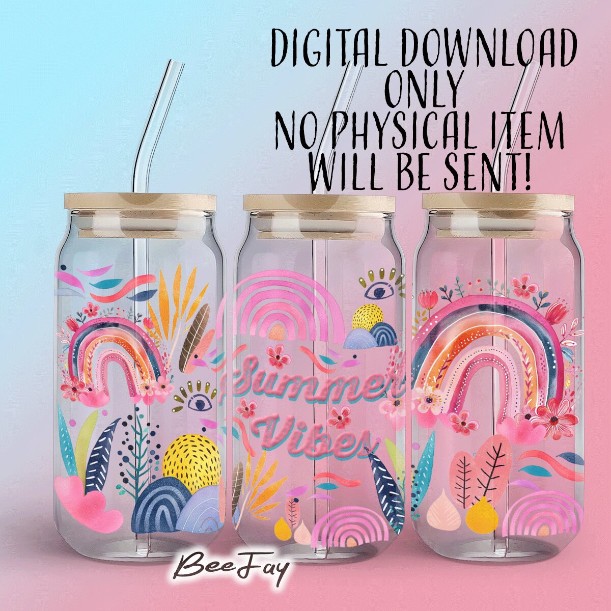 Summer Vibes 16oz Glass Can Sublimation Design Boho Rainbow Floral Art ...