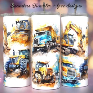 Vehículos, camión volquete, tractor, excavadora, Vulldozer 20 oz Tumbler Wrap - Sublimación de diseño de vaso PNG sin costuras, Descargas de diseños