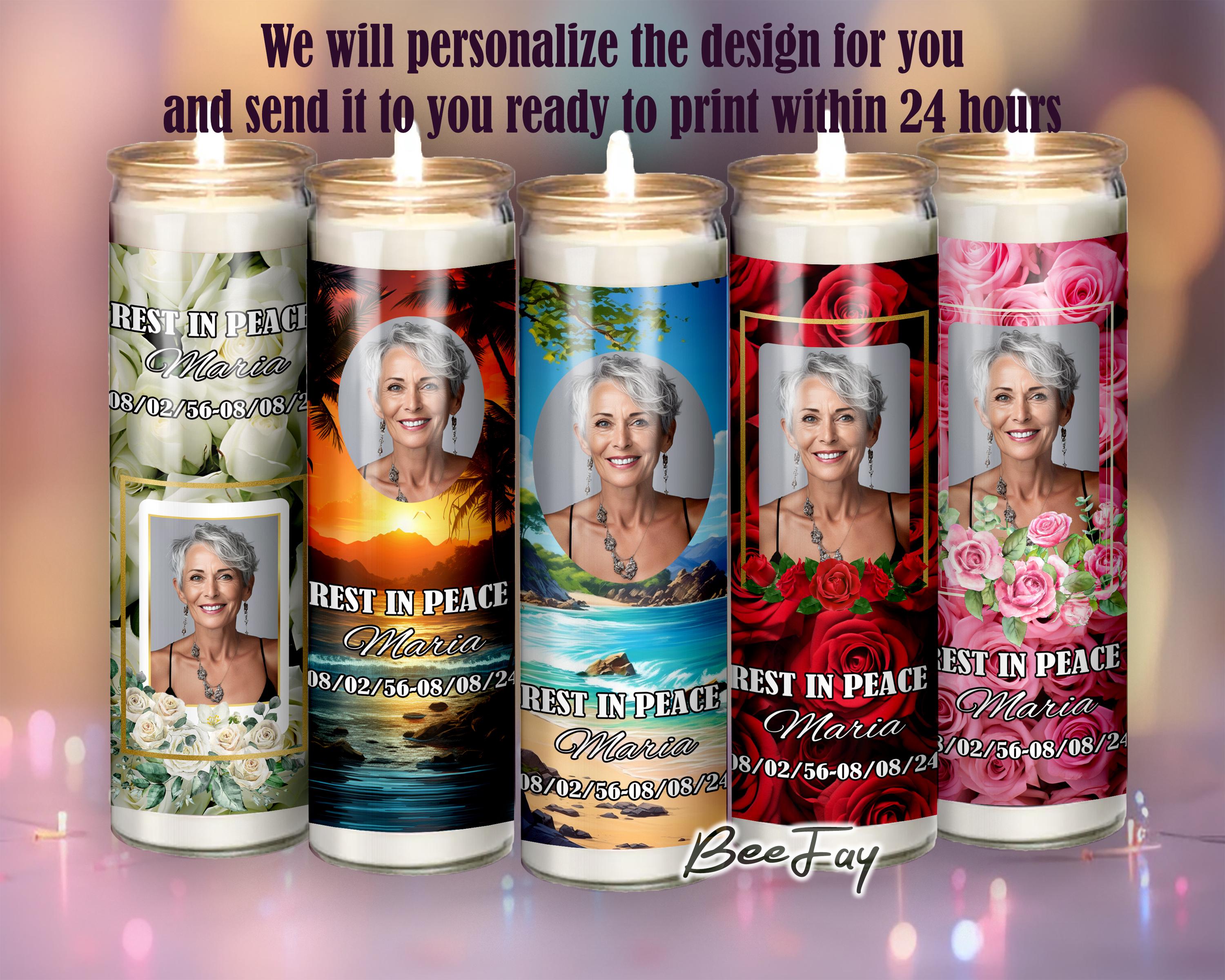 Personalised Tall Cylinder Remembrance Candle Labels Rest in Peace Prayer Candle Ready to Print