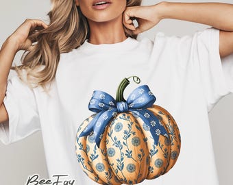 Orange Jacobean Flower Pumpkin PNG Fall Trendy design Coquette Bow Aesthetic png Autumn Sublimation Daisy chinoiserie pumpkin fall design