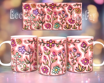 Prado de flor folhada 3D, envoltório de caneca de cerâmica inchado de 12 onças e 15 onças / downloads de designs de sublimação de caneca PNG Downloads de designs de caneca PNG / tendências / design de caneca 3D
