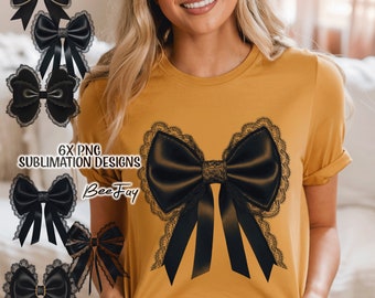 Black Coquette Bow Lace 6x PNG Digital Download Tote Bag Goth Lady Sublimation Design Shirt Anime Shirt Design PNG Tee  Preppy Goth Design