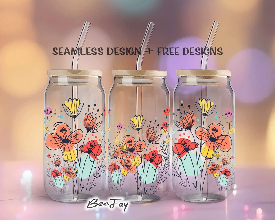 Flower Abstract Art Floral 16oz Glass Can Sublimation Design ...
