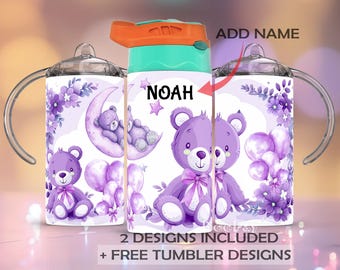 12 oz straight sublimation Sippy Cup and Flip Top wrap Purple Teddy Bear Design Sublimation Purple Coquette Bow PNG Tumbler Template Nursery