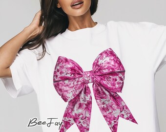 Chinoiserie Bow png Coquette Pink and White Floral Sublimation Trendy Chinoiserie PNG DTF Coquette Pink Bow, Grandmillenial Design PNG