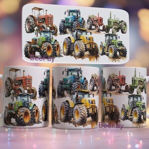 May include: A set of four white mugs with colorful illustrations of vintage tractors. Each mug features a different tractor design with various colors, including red, green, blue, and yellow. The mugs are perfect for coffee, tea, or hot chocolate.