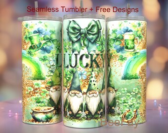 St Patricks Day, Green Gnome, Lucky Clover, Gold Glitter St Patty Day 20 oz Tumbler Wrap Seamless PNG Sublimation Designs Downloads