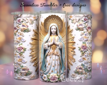 3D Porcelain Virgin de Guadalupe for 20oz Tumbler Wrap / PNG Tumbler Sublimation Designs Downloads / Seamless Design / Skinny Tumbler Wrap