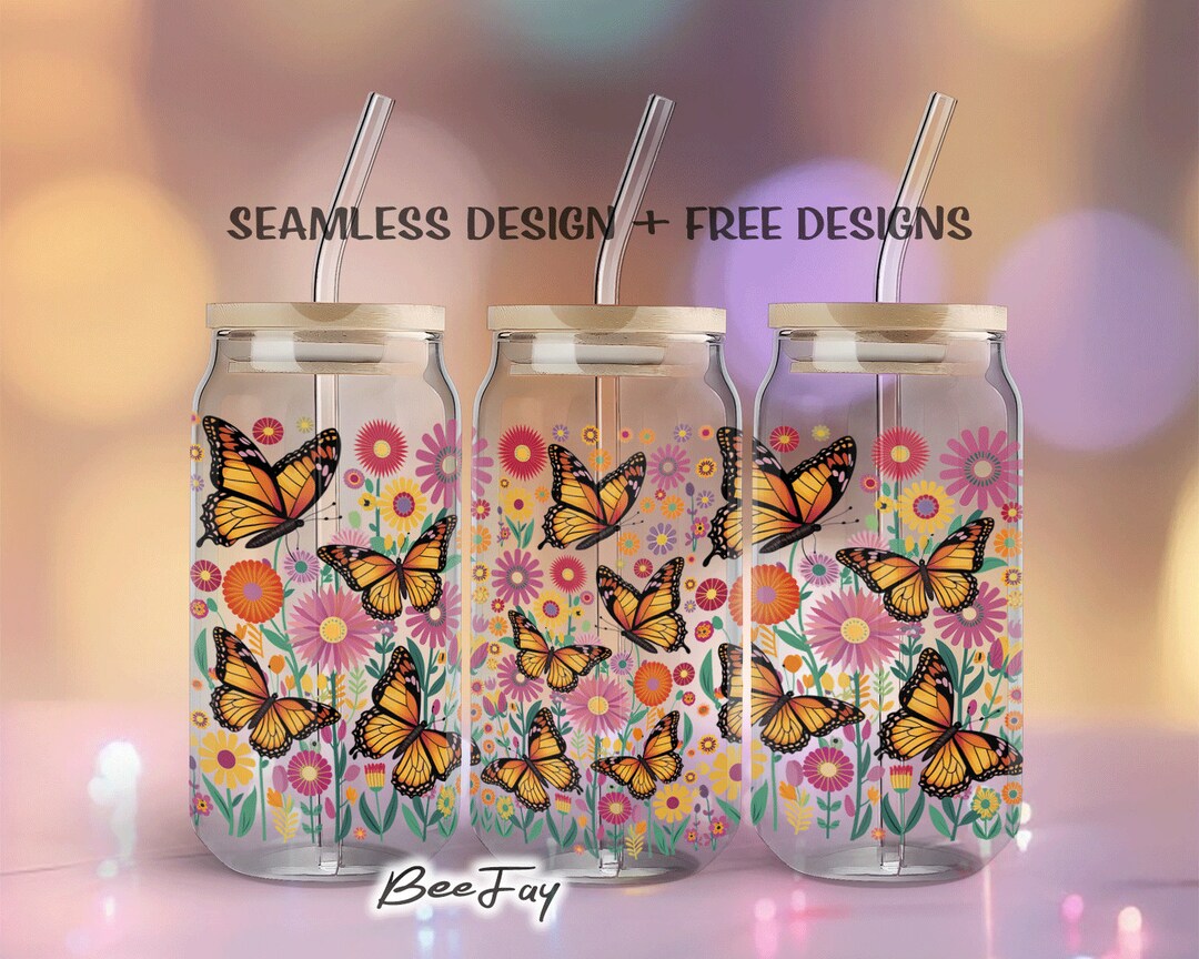 Cottagecore Butterflies Folk Art Floral 16oz Glass Can Sublimation ...