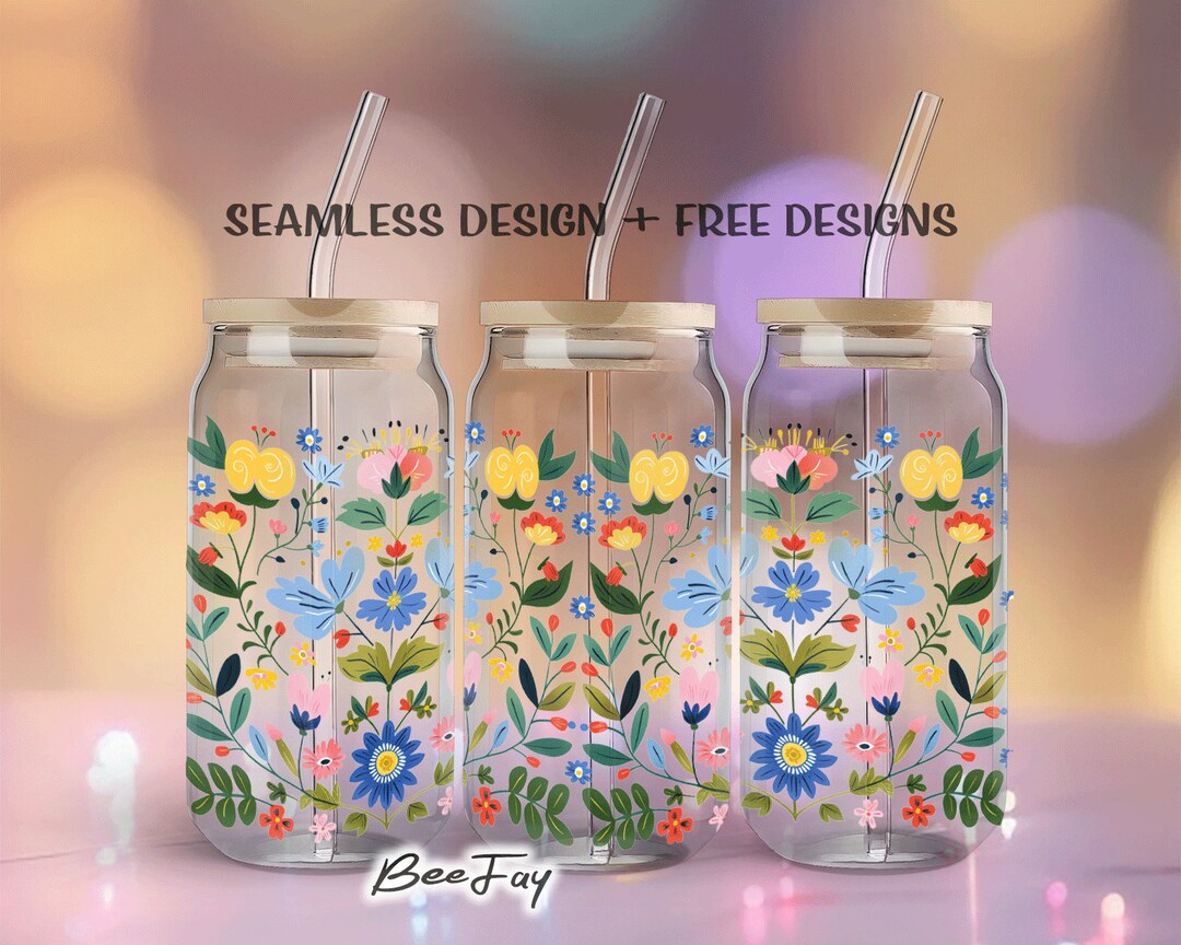Folk Art Floral 16oz Glass Can Sublimation Design Boho Cottagecore ...