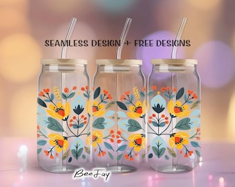 Folk flowers 16oz glass can sublimation design Cottagecore pattern can wrap PNG frosted-clear Libbey beer Glass wrap PNG Instant download.