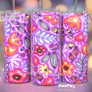 3D Puff Flowers Purple, Puff 20oz Tumbler Wrap/ PNG Tumbler Sublimation Designs Downloads - PNG/ Seamless Design / Inflated Tumbler Wrap