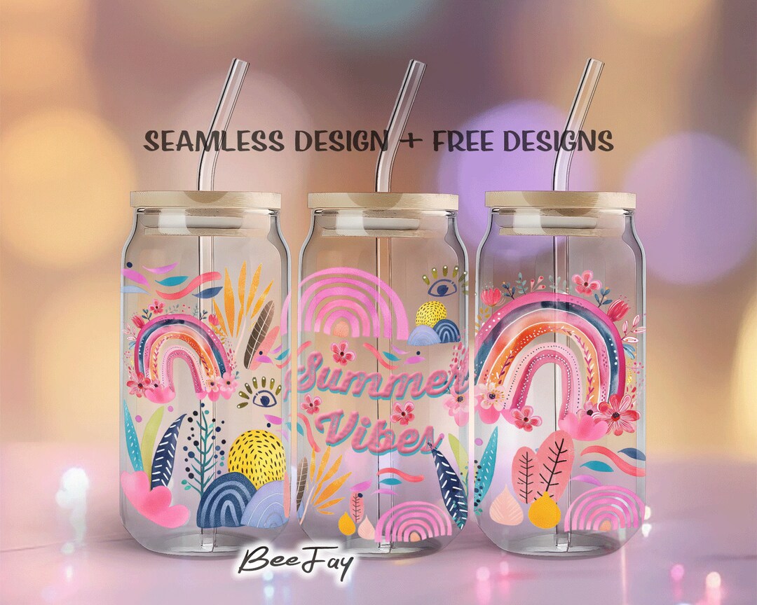 Summer Vibes 16oz Glass Can Sublimation Design Boho Rainbow Floral Art ...