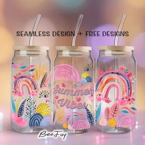 Summer Vibes 16oz Glass Can Sublimation Design Boho Rainbow Floral Art ...